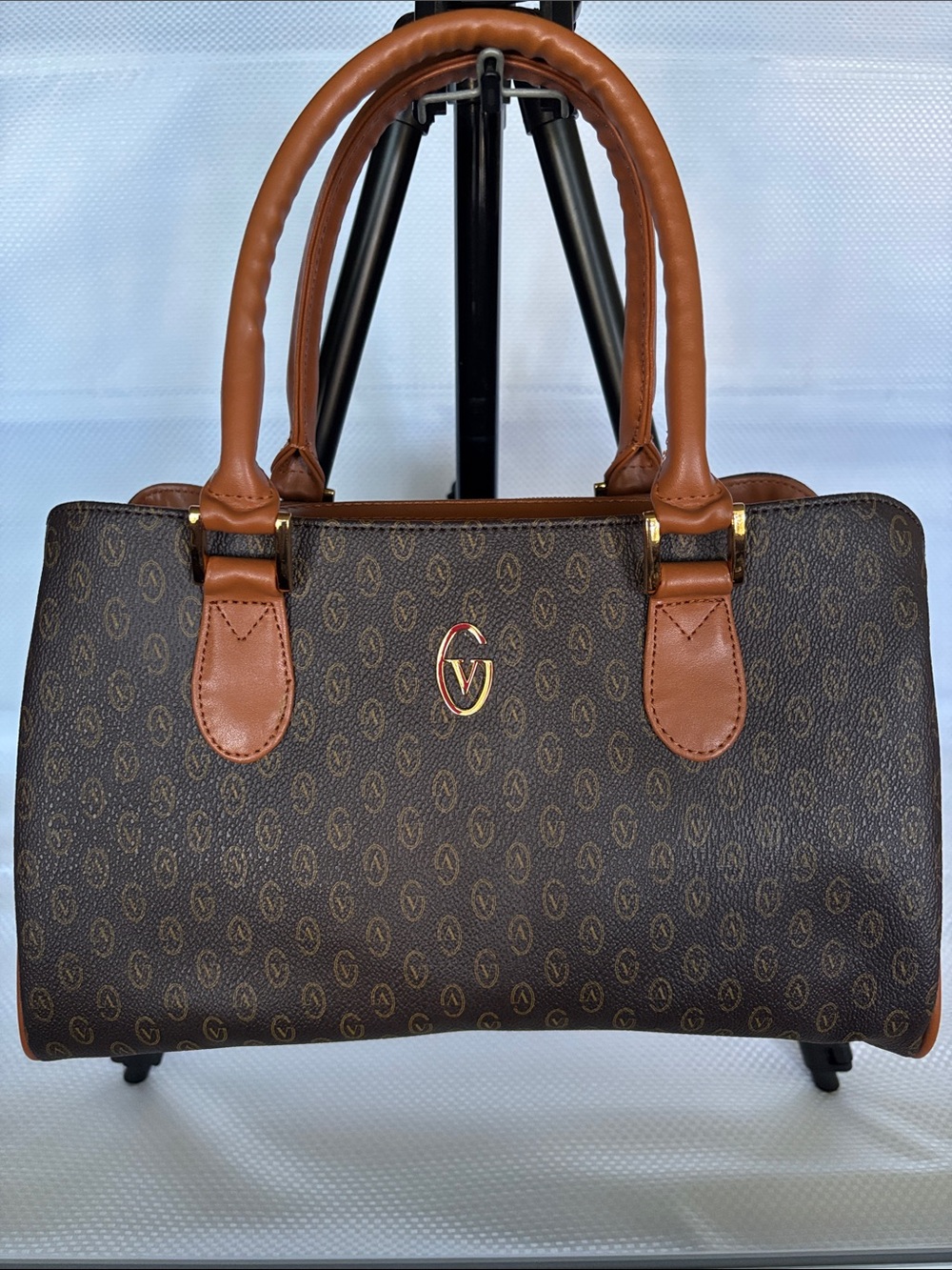 Valentino Brown Monogram Satchel with Tan Trim